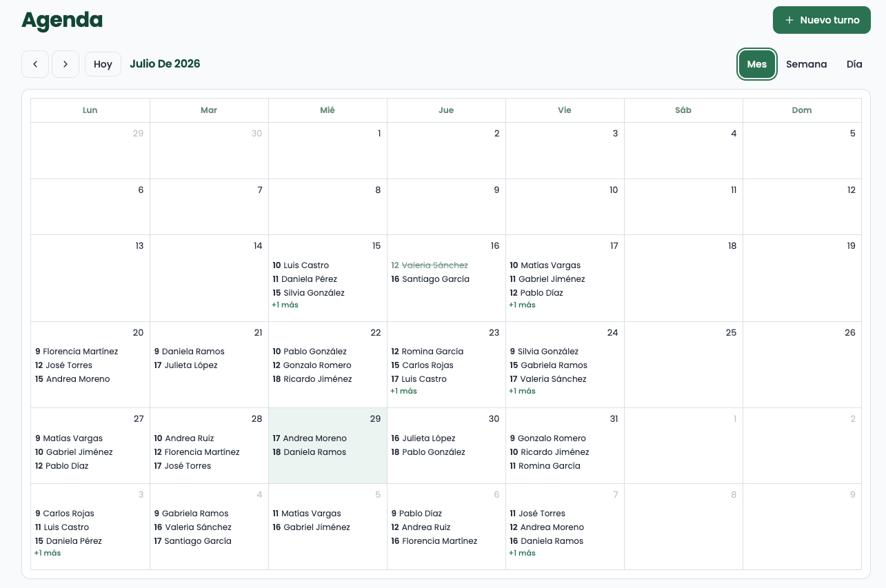 Agenda online de MuraTrack en vista mensual con los turnos de cada día