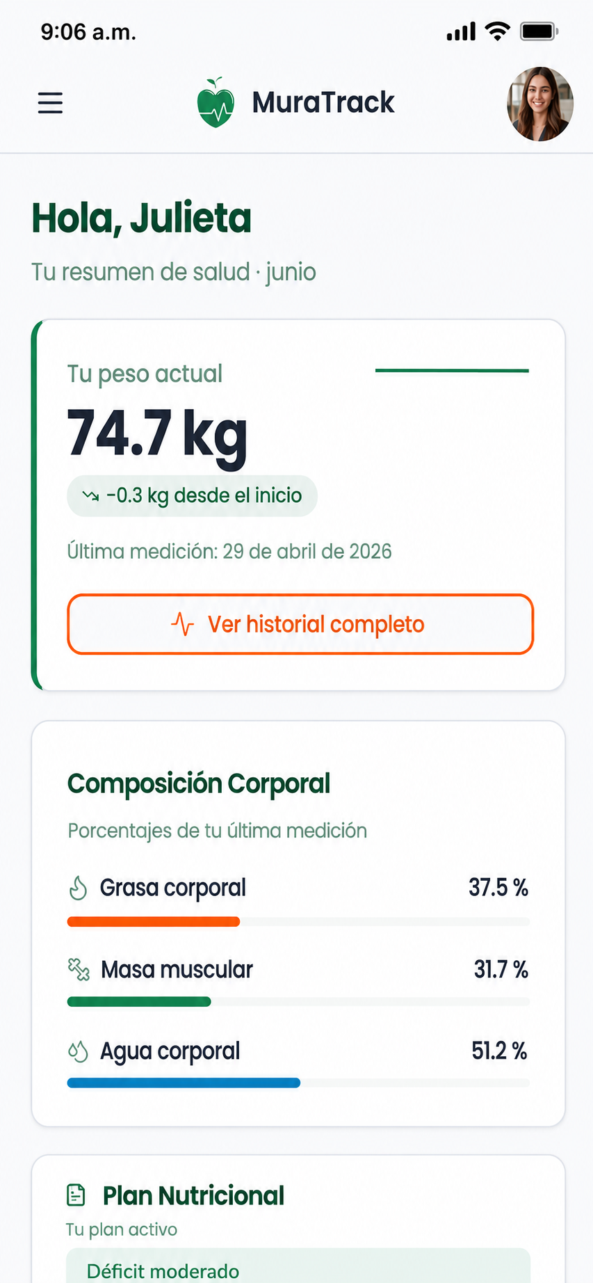 Panel del paciente en MuraTrack: muestra su peso actual y la variación de la semana, la evolución de su composición corporal, el porcentaje de adhesión al plan y su plan alimentario del mes.