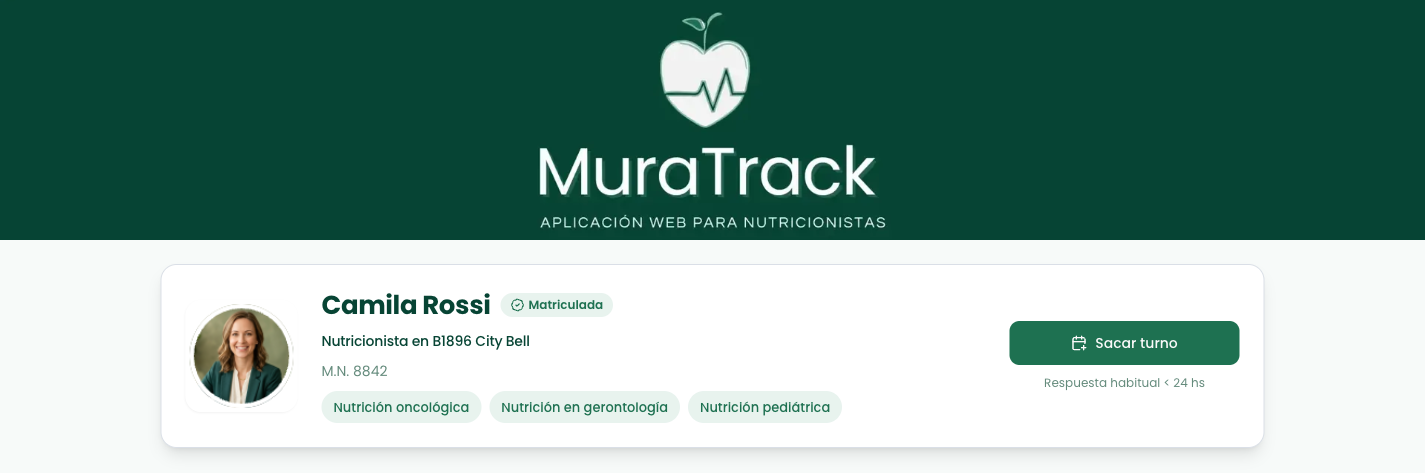 Perfil público de un nutricionista en MuraTrack con bio, especialidades y botón de turno