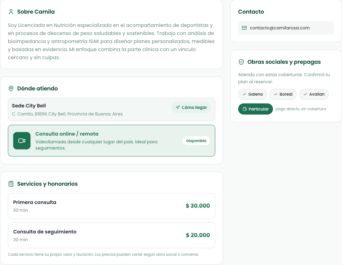 Perfil profesional de nutricionista con bio, especialidades y obras sociales en MuraTrack